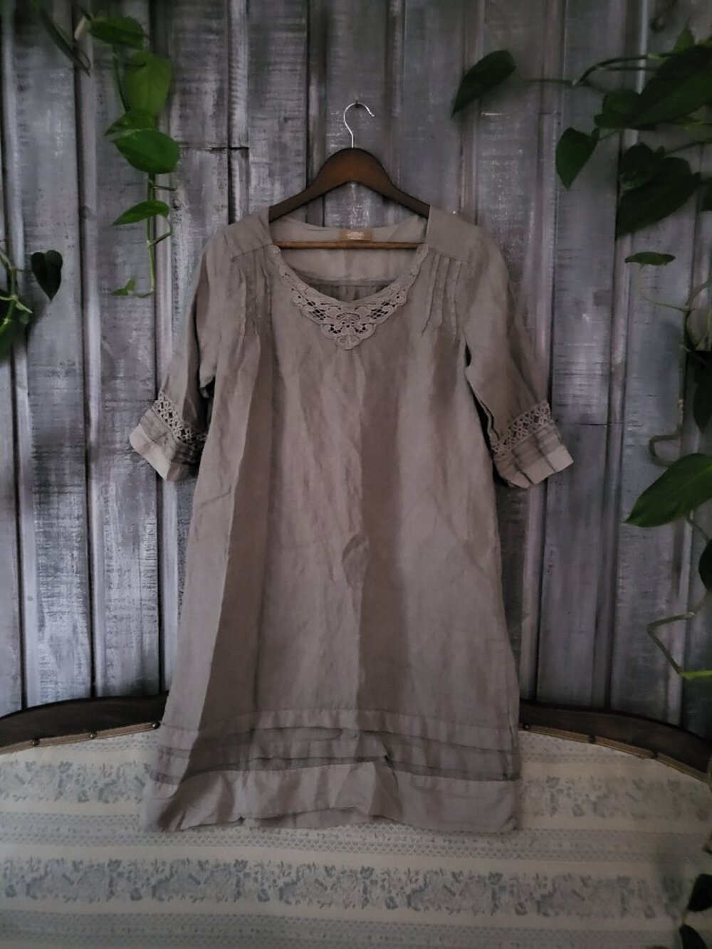 Carla Conti Made in Italy 100% Linen Shift Tunic Dress Lace Boho M